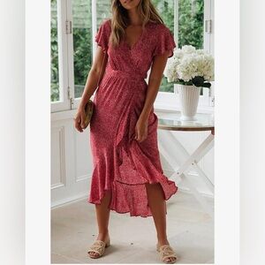 NWT Elegant Red Patterened Wrap Dress